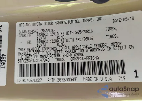 2018 Toyota Tacoma Limited/Sr V6/Sr5 V6/Trd Off Road/Trd Pro/Trd Sport z USA, uszkodzony, nr VIN 5TFCZ5AN1JX147849